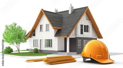 3D model of a house under construction with safety helmet and building materials