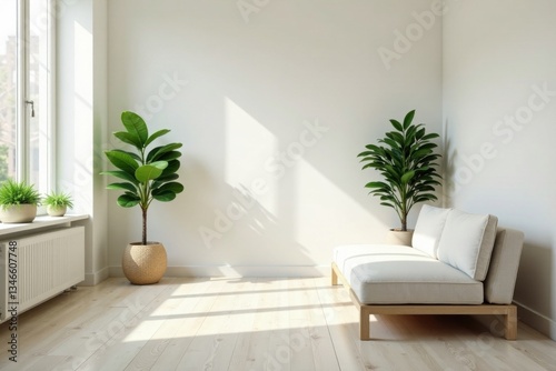 Serene Minimalist Living Room Interior Design Featuring Light Wood Flooring, Potted Plants, and a Comfortable Low-Slung Daybed