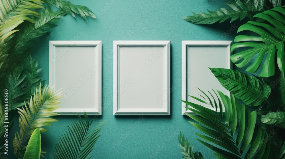 Minimalist design featuring three blank white frames, framed by vibrant green tropical leaves on a calming teal background.
