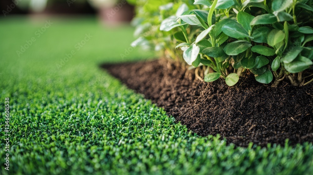Close-up of a potted plant on artificial grass, highlighting soil and roots Close-up of a potted plant on artificial grass, highlighting soil and roots