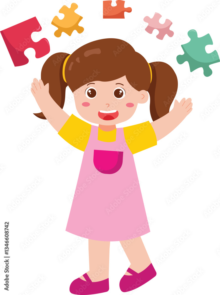 Cheerful Girl Playing with Puzzle Pieces Cheerful Girl Playing with Puzzle Pieces