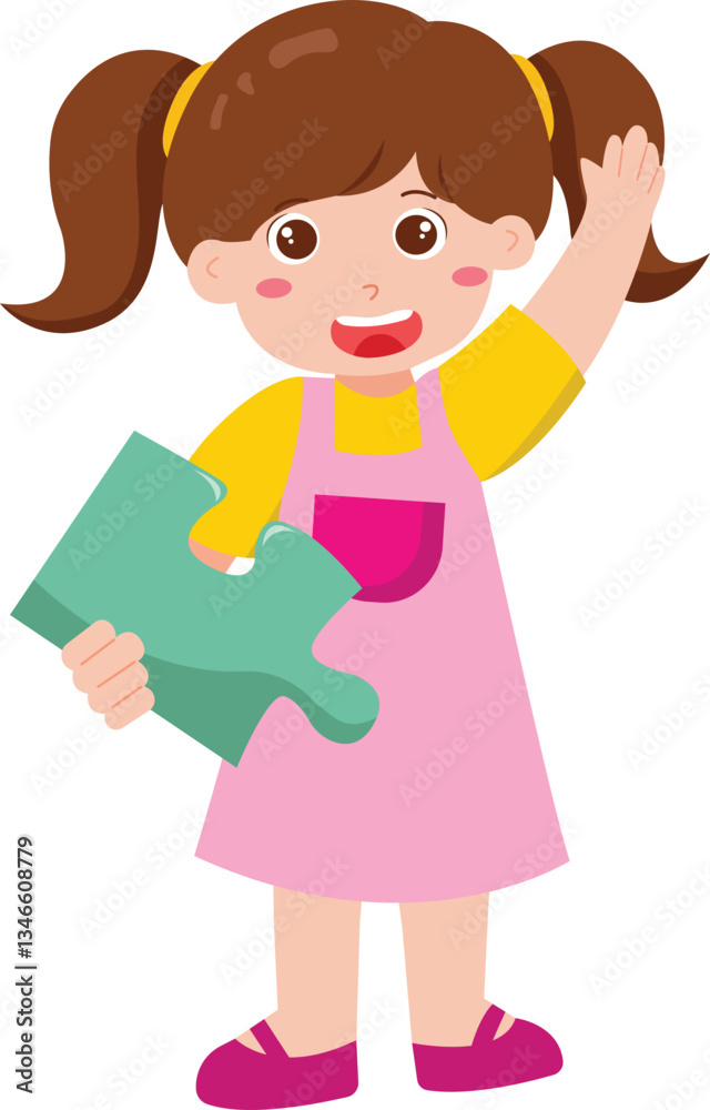 Cheerful Girl Holding Puzzle Piece Cheerful Girl Holding Puzzle Piece