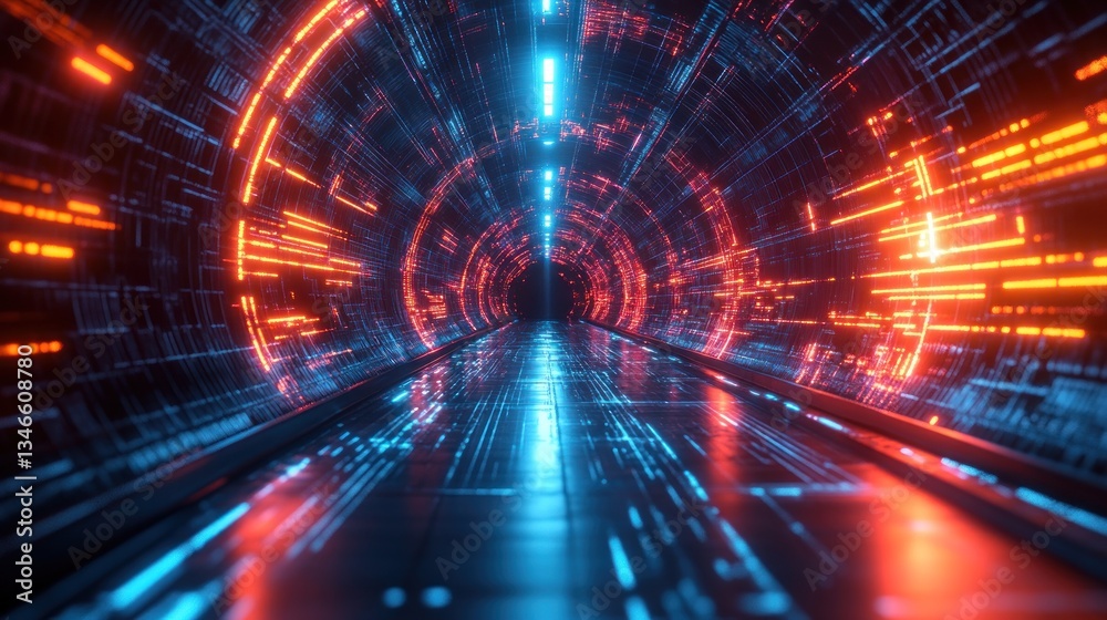 Fototapeta premium Futuristic tunnel, neon glowing lines, digital architecture, motion blur effect