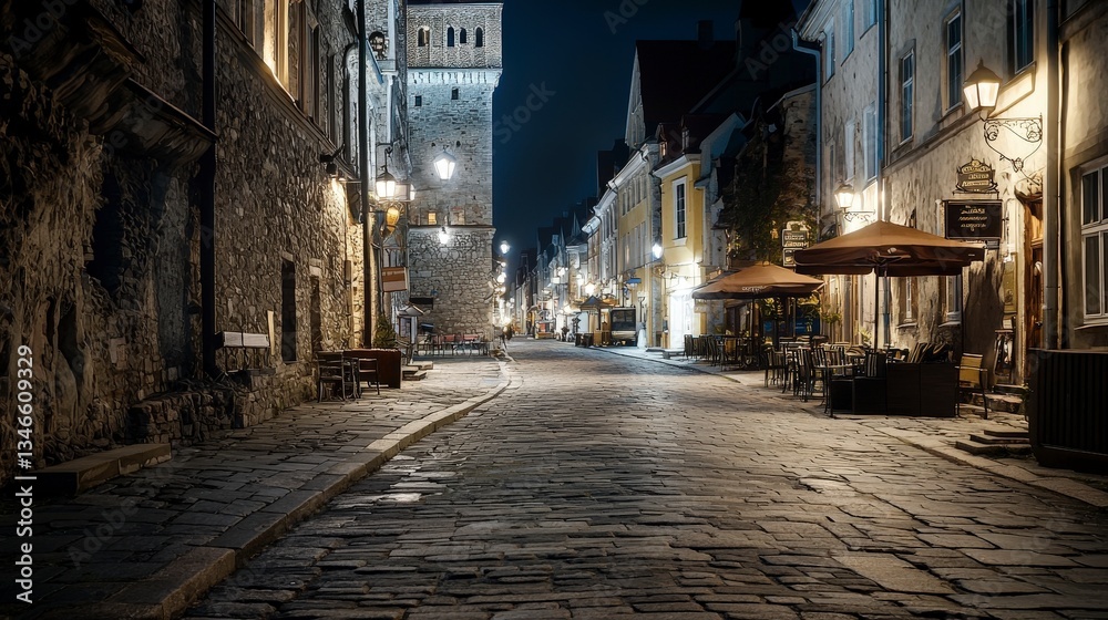 Fototapeta premium Evening strolls through historic streets tallinn cityscape nighttime wide angle urban serenity for seo
