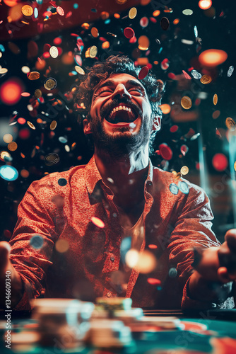 Excited person celebrating winning money in the casino. Player by the slot machines. Gambling addiction.