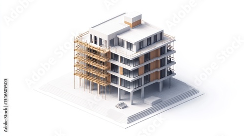 Isometric building under construction, white facade, scaffolding, parking. Illustration