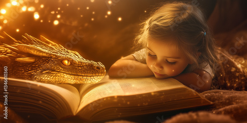 Little child sleeping on a fairytale book about magical adventures. Kid hugging a dragon while reading fantasy story, surrounded with mystical glow. Encouraging kids to read books.