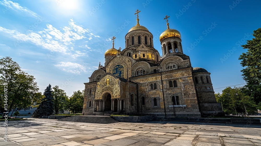Obraz premium Majestic cathedral exterior urban landscape architectural photography bright daylight wide-angle view cultural heritage