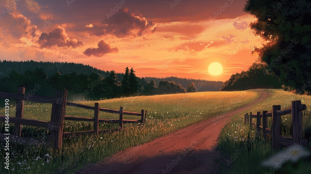 Fototapeta premium Sunset casting warm hues over a grassy field, with a dirt road and wooden fence in the foreground, creating a tranquil and scenic view.