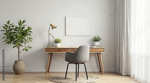 Modern Workspace  A minimalist interior of a modern home office  featuring a sleek desk  comfortable chair  and elegant d  cor create a space for productivity and creativity. 