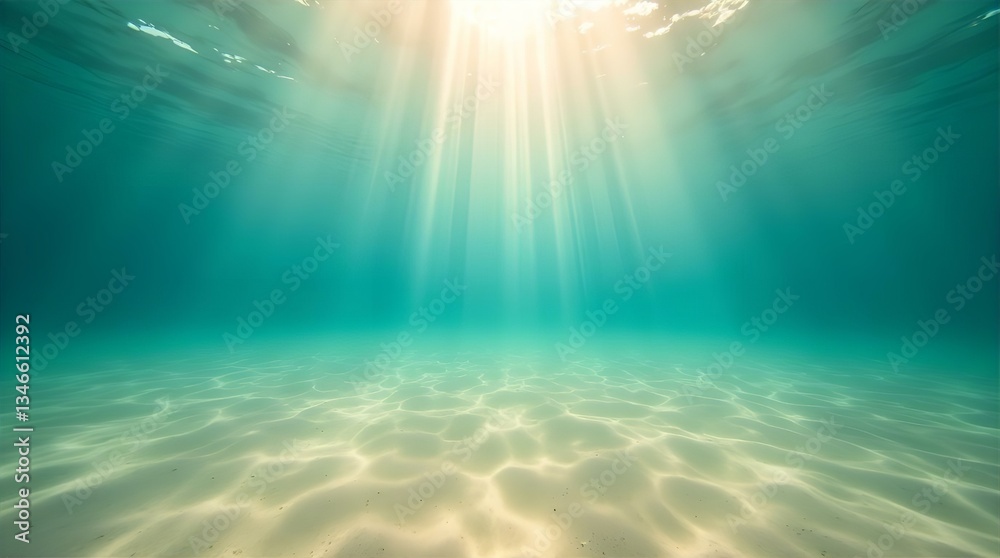 Fototapeta premium Serene Underwater Sunlight Rays Sandy Seabed Ocean Floor Texture