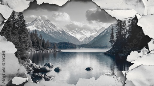 The beauty of a mountain lake surrounded by snow-capped peaks is revealed through a torn papery frame, inviting the viewer into paradise.