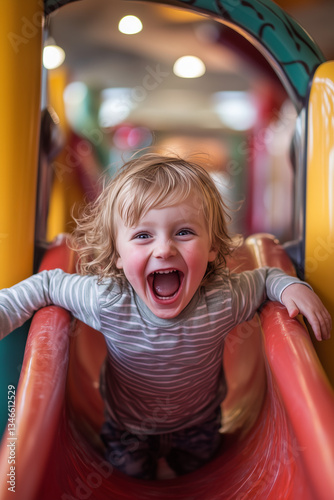 Happy cheerful kids having a blast at indoor play center. Children playing with color balls in playground ball pit.