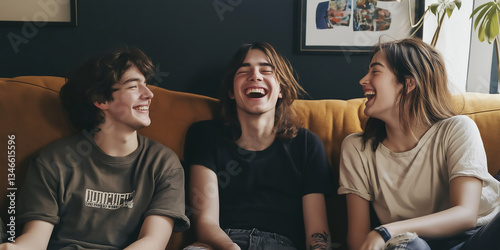 Three cheerful friends having fun together. Young adult sitting on a sofa laughing. Spending quality time with friends.