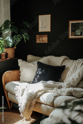 Stylish modern living room interior pictures frames on black wall above a sofa. Cozy living room arrangement with sitting area, soft blankets, colorful pillows and house plants.