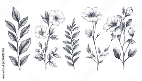 Detailed pencil drawings featuring elegant blossoms and verdant leafy branches