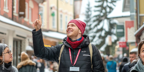 Tour guide leading a group of visitors to tourist attractions, giving them information and insights, pointing at local architecture. Winter time.
