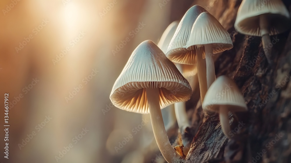 Closeup of Delicate Mushrooms Growing on Tree Bark in Golden Sunlight Closeup of Delicate Mushrooms Growing on Tree Bark in Golden Sunlight