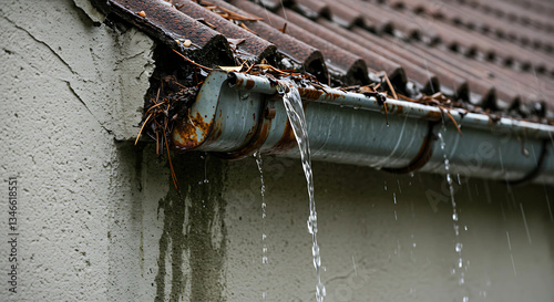 Rusty, clogged, and leaking gutters. Rainwater is misdirected, causing stains on the building facade. A neglected and problematic roof drainage system.