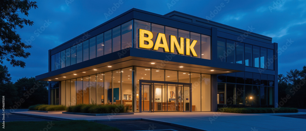 Obraz premium modern bank building with large windows and illuminated signage at dusk
