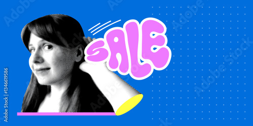 Pop art modern collage. Sale banner. Woman put her hand to her ear and heard the word Sale. Advertising banner with copy space. Concept of shopping