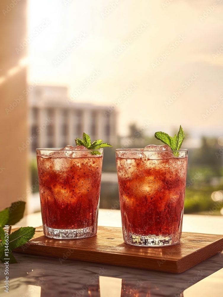 Refreshing Strawberry Cocktails with Ice and Mint Garnish on Wooden Tray Refreshing Strawberry Cocktails with Ice and Mint Garnish on Wooden Tray