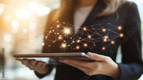 Businesswoman holding tablet digital network connection. AI generated