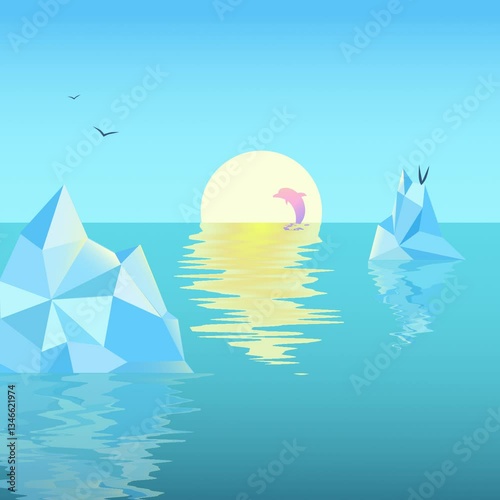 A dolphin jumping out of the water in the Arctic Sea among icebergs at sunset, music background, loop animation.