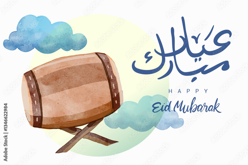Hand drawn Watercolor for Ramadan and Eid mubarak greetings card with Arabic calligraphy. translation is