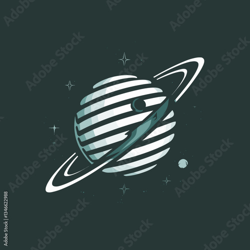 Stylized illustration of a planet with rings and a moon in a cosmic scene with copy space