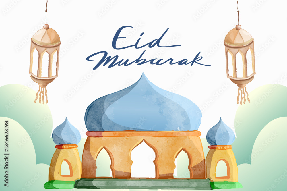 Hand drawn Sketch of Mosque for Ramadan and Eid mubarak greetings card with watercolor Background. Vector Illustration
