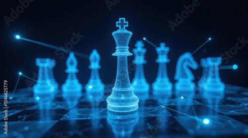 digital chessboard featuring glowing blue chess pieces, emphasizing strategy and competition