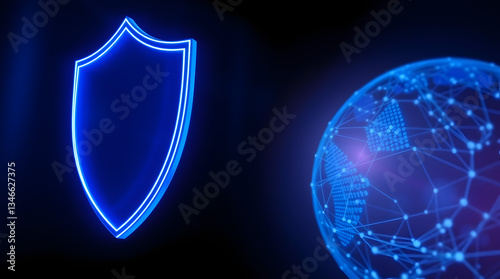 A glowing blue shield protecting a wireframe globe, symbolizing global security.