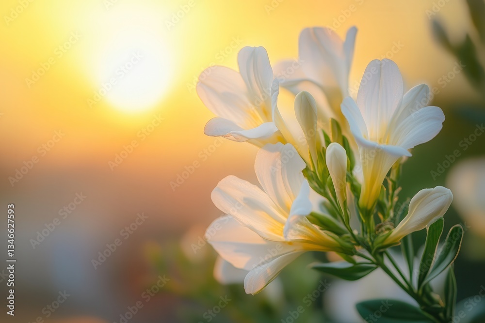 Fototapeta premium White flowers glowing in the golden sunset light.
