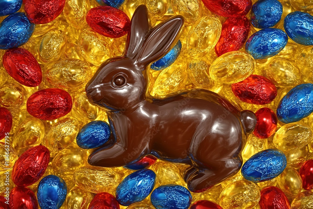 Glossy chocolate rabbit. Red, yellow, and blue Easter eggs are scattered everywhere. The concept of Easter celebration.
