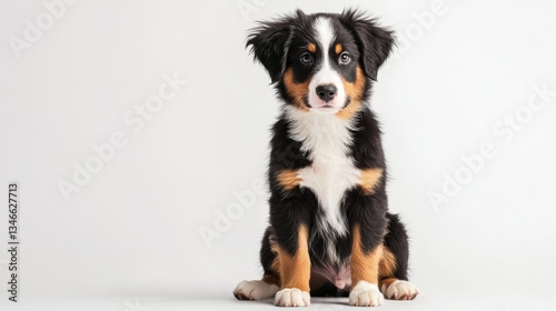 Adorable bernese mountain dog puppy sitting on white background