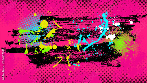 The brightly colored grunge background provides a striking contrast with a lively punk style.