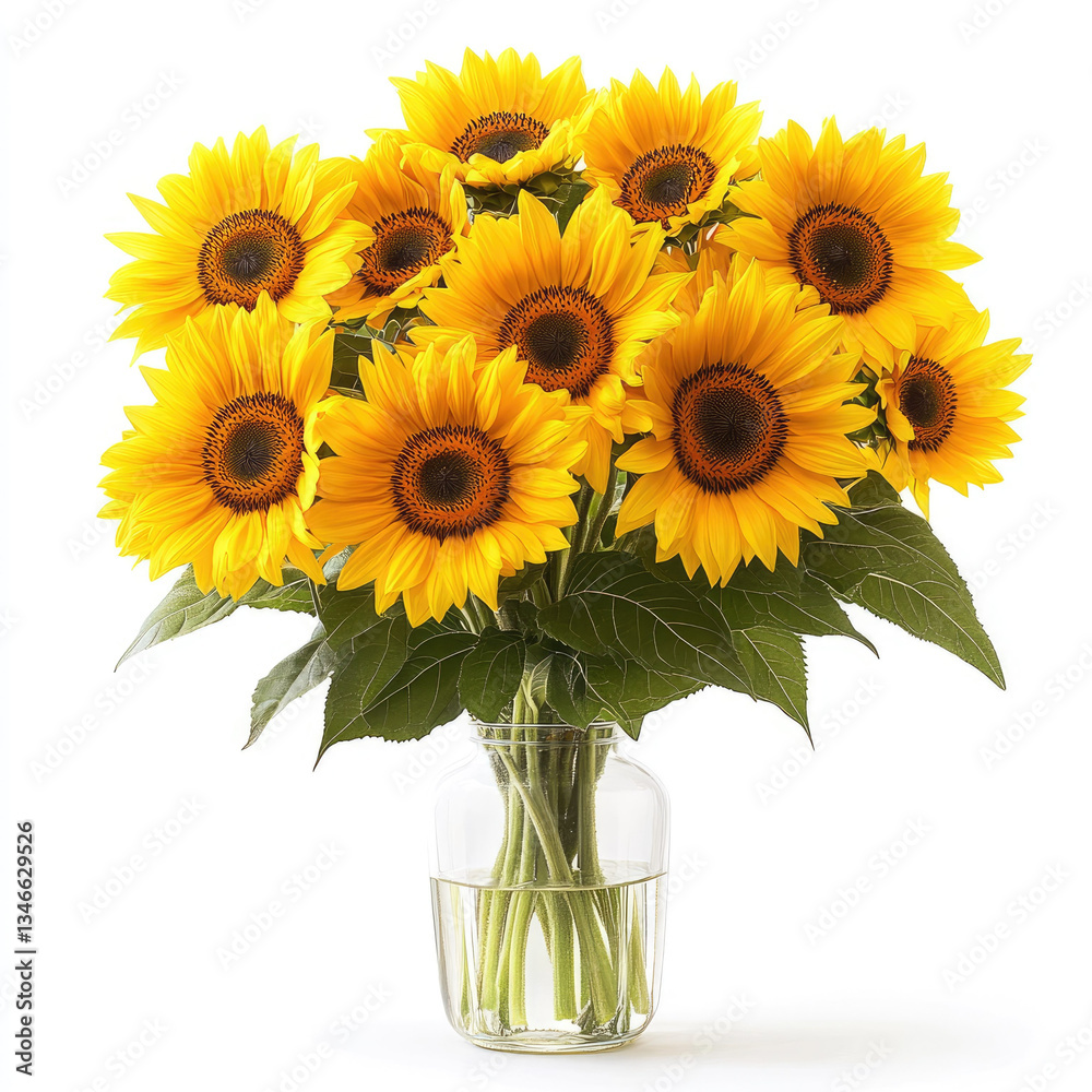 Obraz premium Bright sunflower bouquet in clear vase on white background
