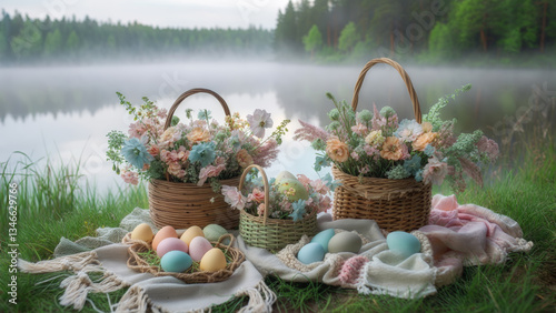 Nordic spring scene with woven baskets, eggs and pastel flowers. Easter holiday card at nature