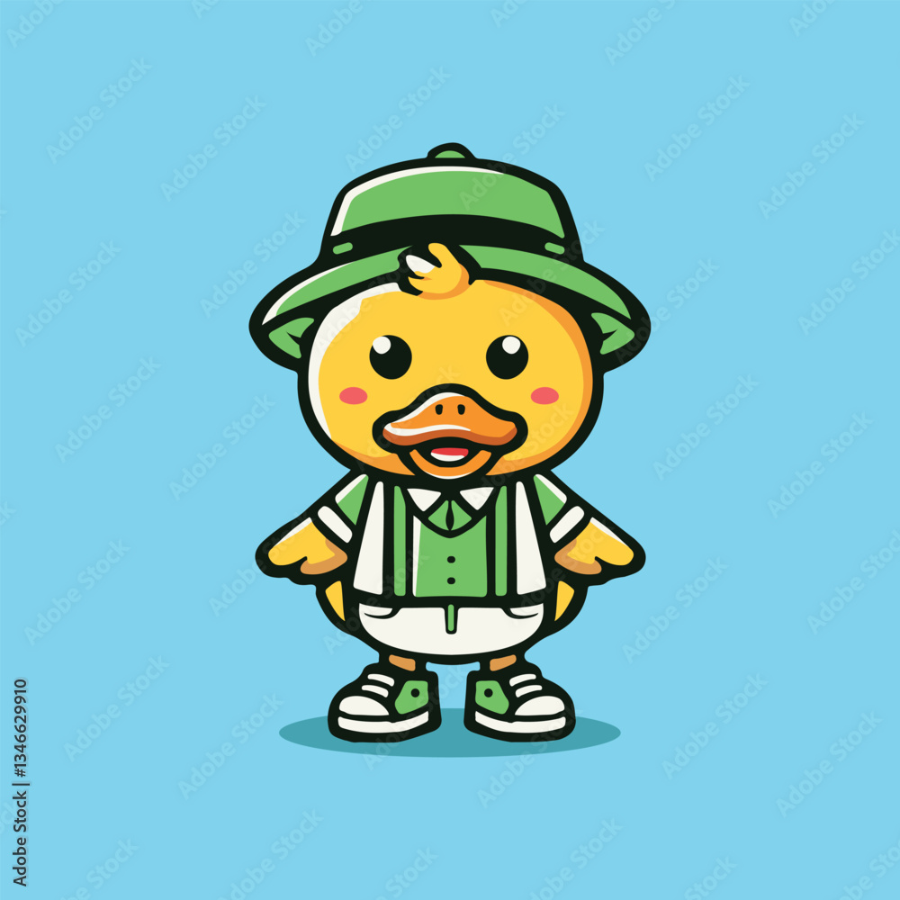 Adorable duck mascot wearing a green outfit, hat, and suspenders. Perfect for stickers, logos, children’s illustrations, and digital designs. Adorable duck mascot wearing a green outfit, hat, and suspenders. Perfect for stickers, logos, children’s illustrations, and digital designs.