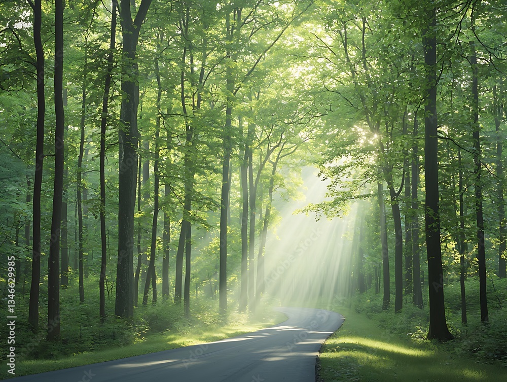 Obraz premium Sunbeams Forest Road Path.