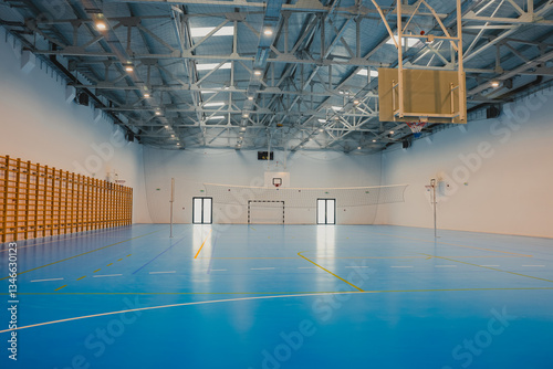 Fototapeta Naklejka Na Ścianę i Meble -  Empty sports hall with blue epoxy floor and volleyball net