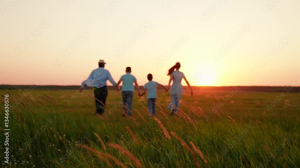 Family children play in park run on green grass. Happy family, sunset. Silhouette group people running in sunny park. Happy kids with parents holding hands walking on meadow. Family vacation in nature Family children play in park run on green grass. Happy family, sunset. Silhouette group people running in sunny park. Happy kids with parents holding hands walking on meadow. Family vacation in nature