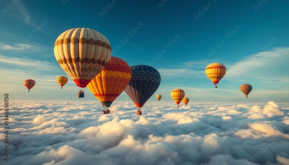 Obraz premium A breathtaking aerial view of colorful hot air balloons soaring gracefully above a vast expanse of fluffy white clouds under a vibrant blue sky, creating a magical scene of serenity and adventure