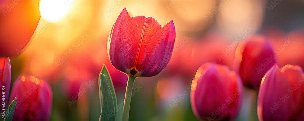 Fototapeta premium Vibrant red tulips basking in the warm glow of sunset.