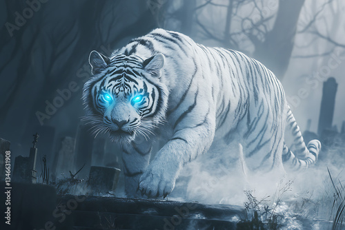 Majestic white tiger with glowing blue eyes prowling through a misty graveyard at twilight