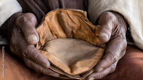 Aged Hands Gently Holding Empty Leather Pouch