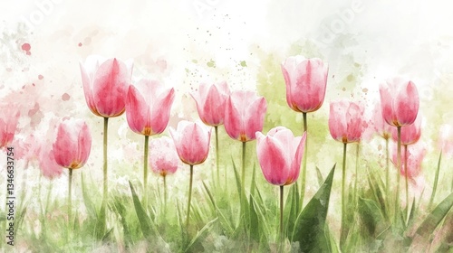 Delicate pink tulips in a watercolor style, bathed in soft light