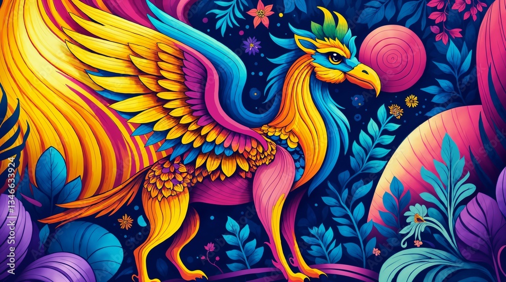 Fototapeta premium A majestic griffin with golden wings stands in a trippy jungle wonderland