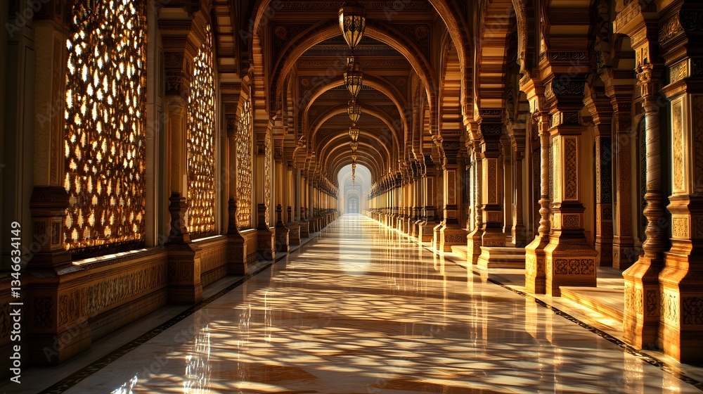 Obraz premium A Magnificent Grand Mosque, Featuring an Endless Corridor of Ornate Archways, Sunlight Streaming Through Intricate Carvings, Illuminating the Serenity of This Timeless Sanctuary